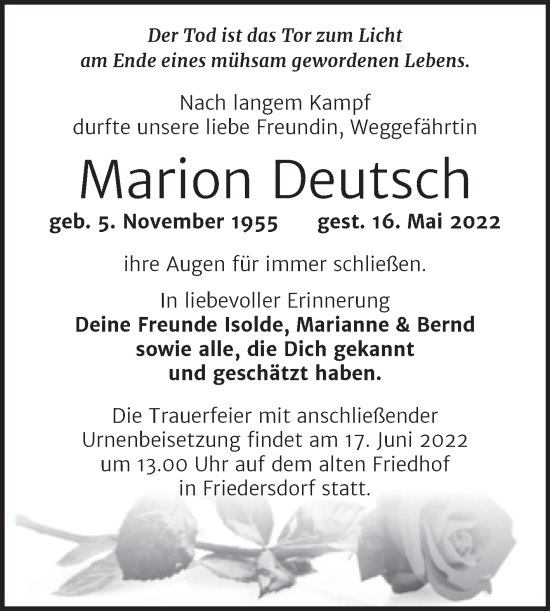 Traueranzeige von Marion Deutsch von Trauerkombi Bitterfeld