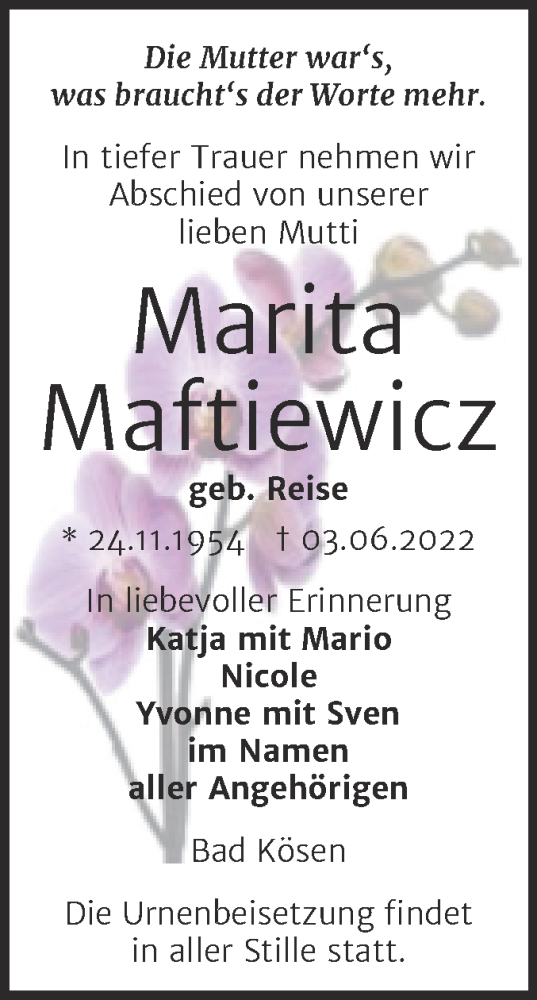 Traueranzeige von Marita Maftiewicz von Wochenspiegel Naumburg/Nebra
