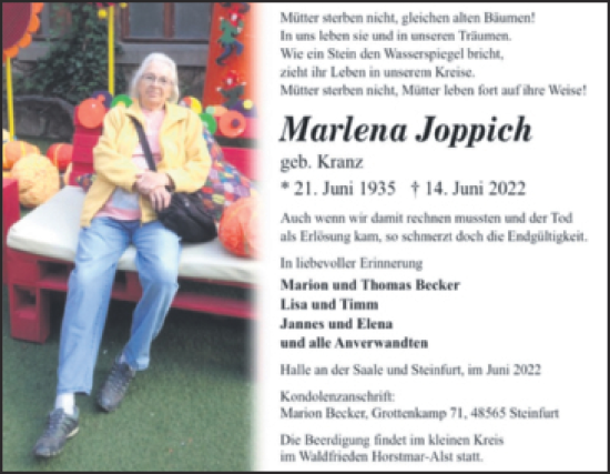 Traueranzeige von Marlena Joppich von Mitteldeutsche Zeitung Halle/Saalkreis