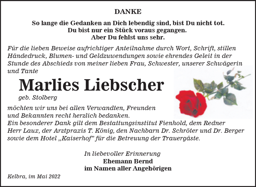  Traueranzeige für Marlies Liebscher vom 04.06.2022 aus Trauerkombi Sangerhausen