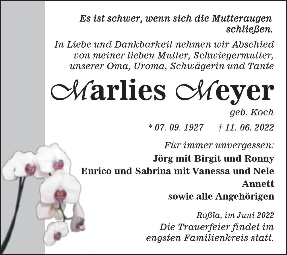  Traueranzeige für Marlies Meyer vom 18.06.2022 aus Trauerkombi Sangerhausen