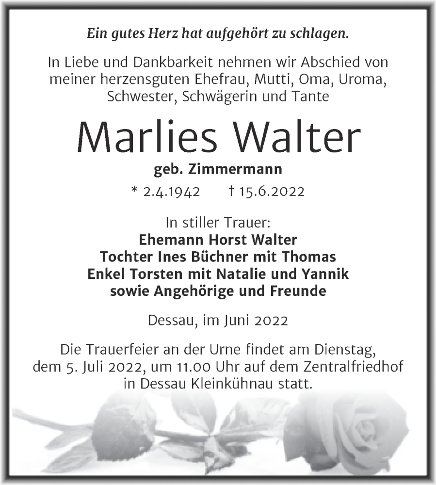  Traueranzeige für Marlies Walter vom 18.06.2022 aus Trauerkombi Dessau