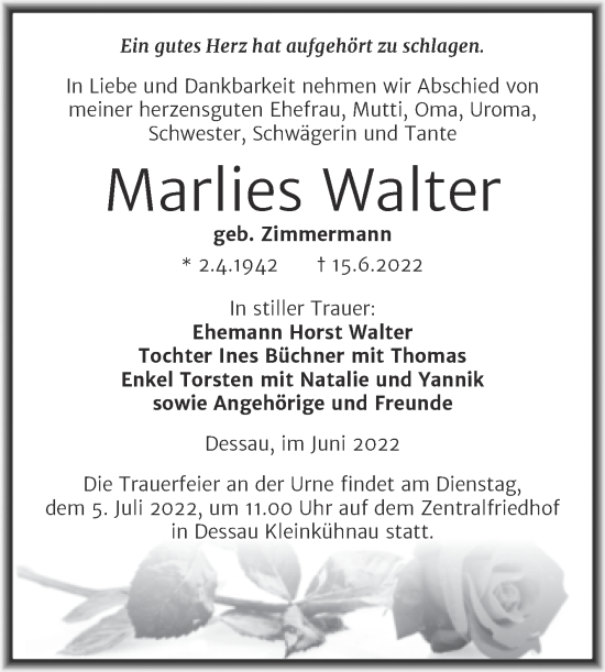 Traueranzeige von Marlies Walter von Trauerkombi Dessau