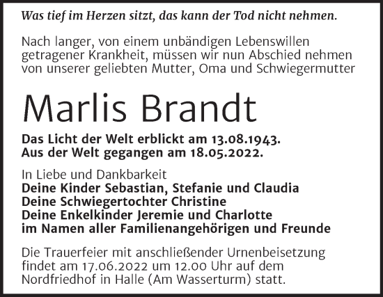Traueranzeige von Marlis Brandt von Mitteldeutsche Zeitung Halle/Saalkreis
