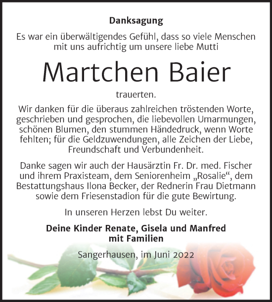 Traueranzeige von Martchen Baier von Trauerkombi Sangerhausen