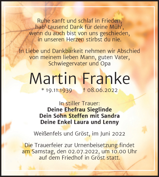 Traueranzeige von Martin Franke von Trauerkombi Weißenfels