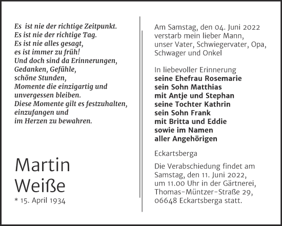 Traueranzeige von Martin Weiße von Naumburger Tageblatt