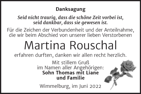 Traueranzeige von Martina Rouschal von Trauerkombi Mansfelder Land