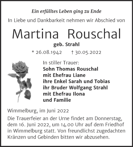 Traueranzeige von Martina Rouschal von Trauerkombi Mansfelder Land