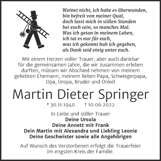 Traueranzeige von Martin Dieter Springer von Trauerkombi Dessau