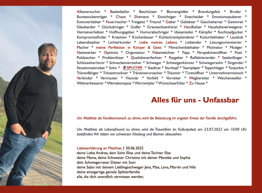  Traueranzeige für Matthias Goßler vom 25.06.2022 aus Trauerkombi Bitterfeld