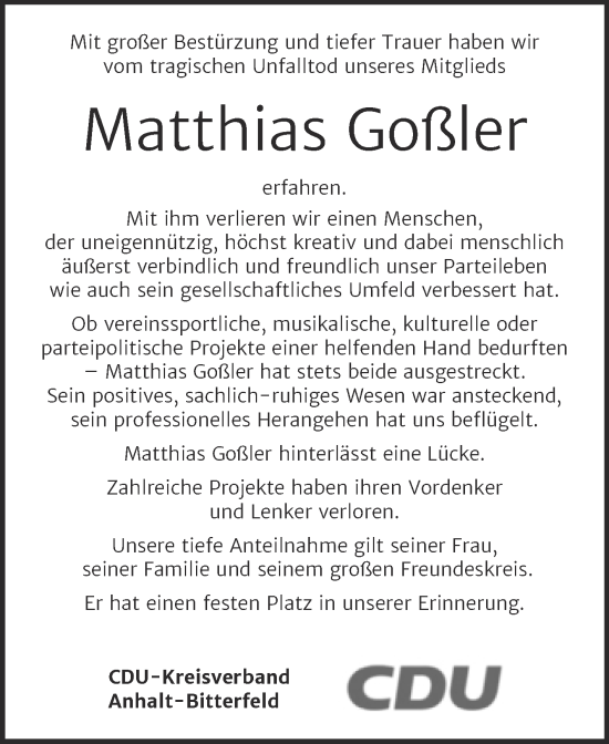 Traueranzeige von Matthias Goßler von Mitteldeutsche Zeitung Bitterfeld