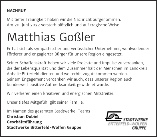 Traueranzeige von Matthias Goßler von Mitteldeutsche Zeitung Bitterfeld