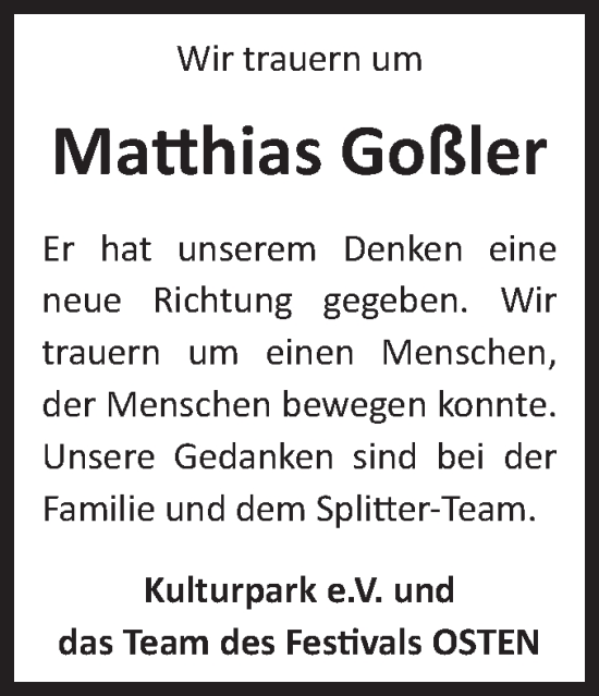 Traueranzeige von Matthias Goßler von Mitteldeutsche Zeitung Bitterfeld