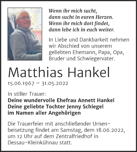 Traueranzeige von Matthias Hankel von Trauerkombi Dessau