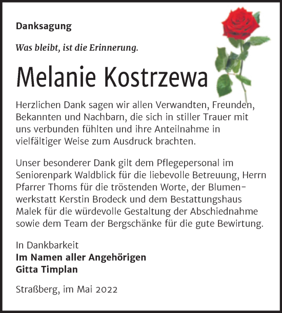 Traueranzeige von Melanie Kostrzewa von Trauerkombi Quedlinburg