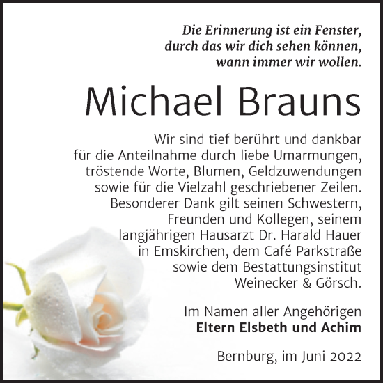 Traueranzeige von Michael Brauns von Trauerkombi Bernburg