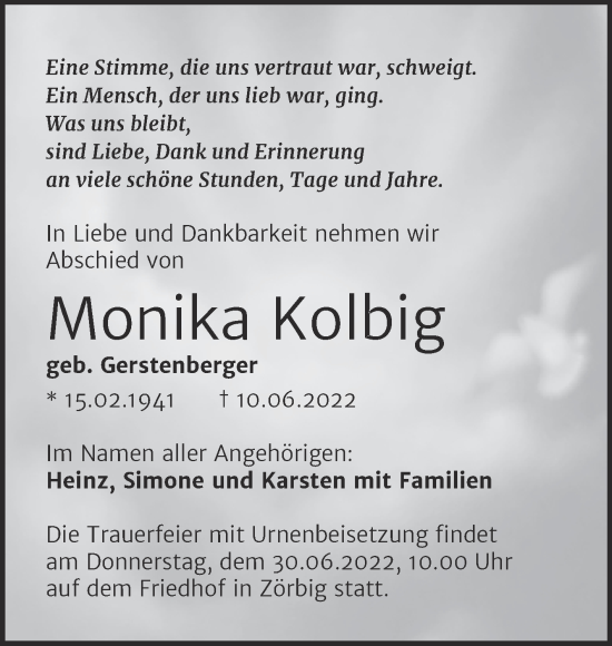 Traueranzeige von Monika Kolbig von Trauerkombi Bitterfeld