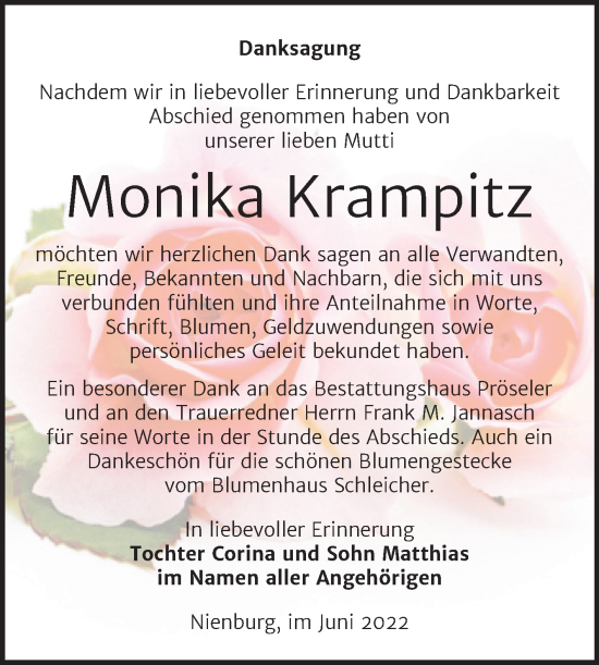 Traueranzeige von Monika Krampitz von Trauerkombi Bernburg