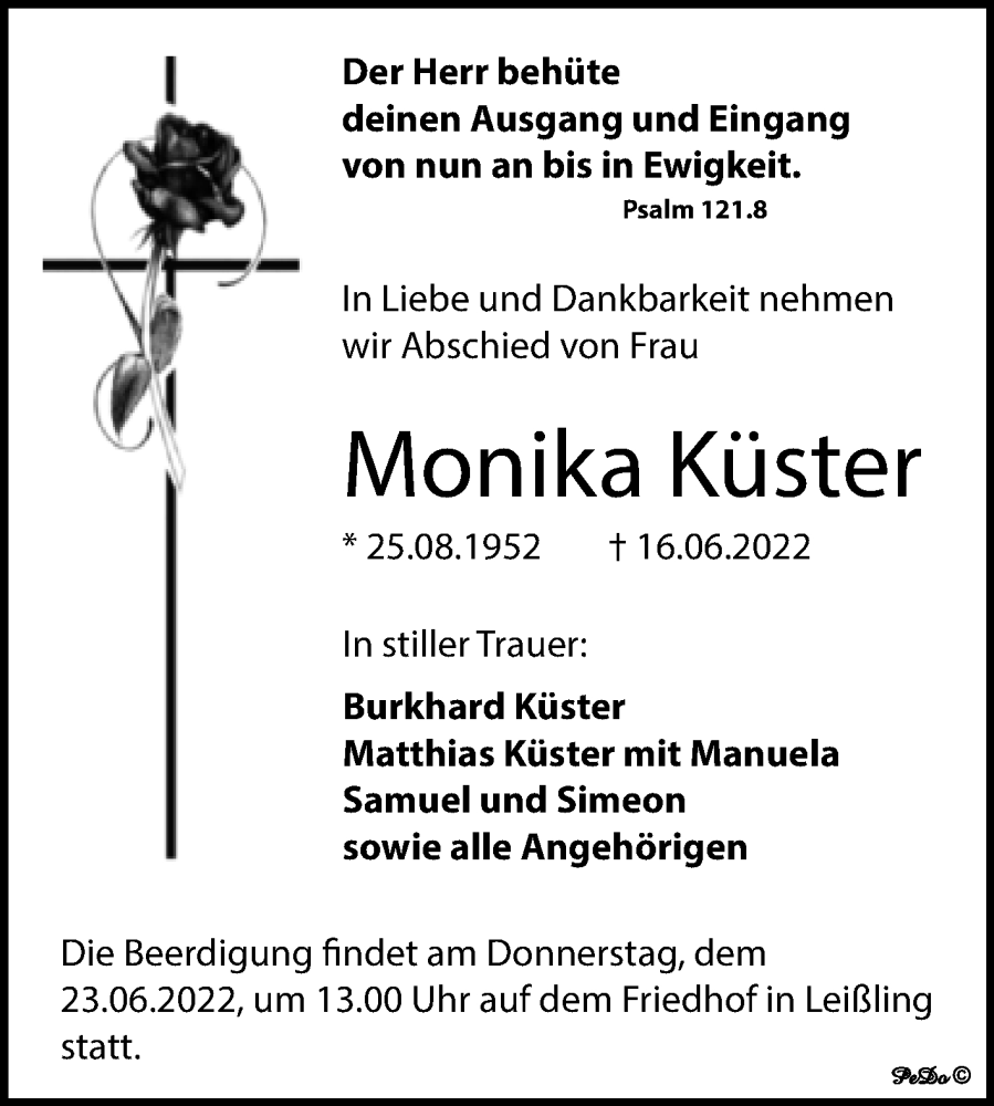  Traueranzeige für Monika Küster vom 22.06.2022 aus Trauerkombi Weißenfels