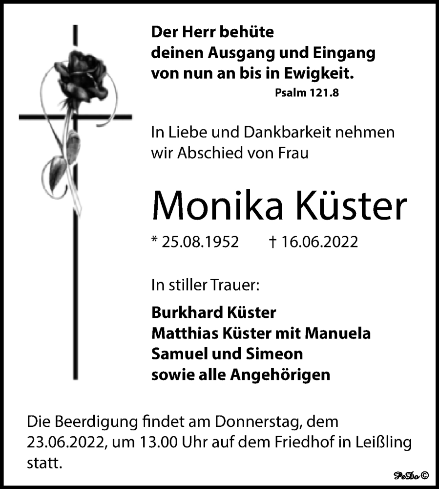  Traueranzeige für Monika Küster vom 18.06.2022 aus Trauerkombi Weißenfels