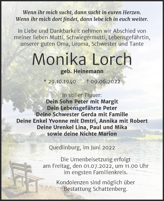 Traueranzeige von Monika Lorch von Trauerkombi Quedlinburg