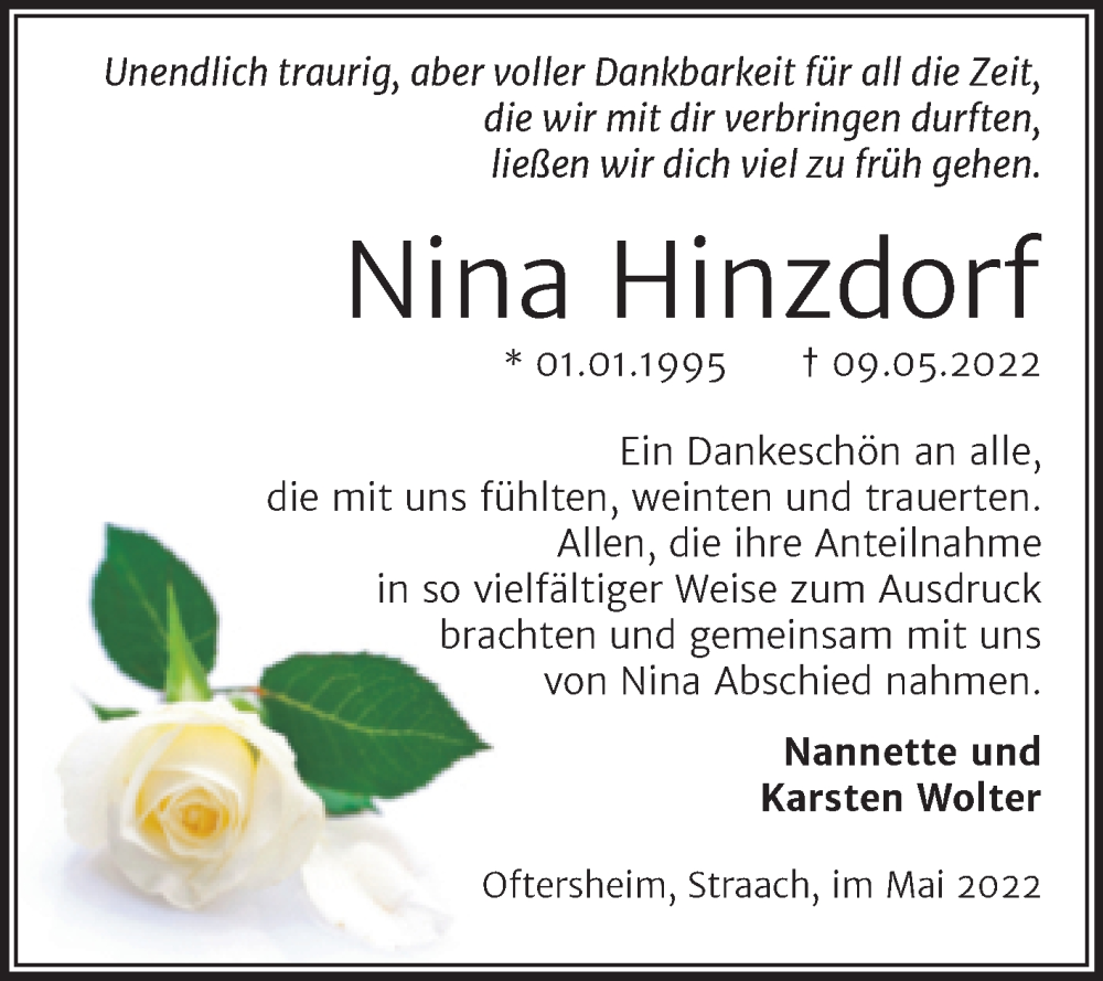  Traueranzeige für Nina Hinzdorf vom 04.06.2022 aus Trauerkombi Wittenberg