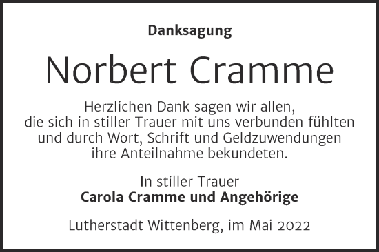 Traueranzeige von Norbert Cramme von Trauerkombi Wittenberg
