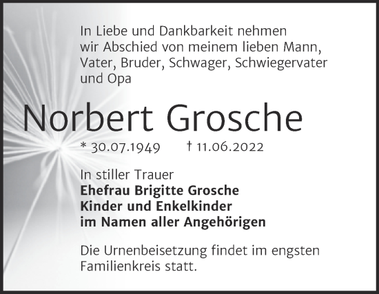 Traueranzeige von Norbert Grosche von Trauerkombi Wittenberg