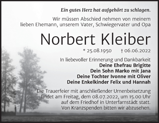 Traueranzeige von Norbert Kleiber von Trauerkombi Merseburg