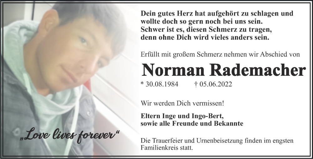  Traueranzeige für Norman Rademacher vom 25.06.2022 aus Trauerkombi Dessau