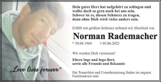 Traueranzeige von Norman Rademacher von Trauerkombi Dessau