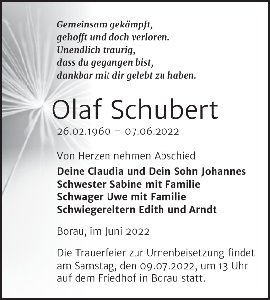Traueranzeige von Olaf Schubert von Trauerkombi Weißenfels
