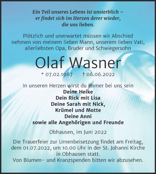 Traueranzeige von Olaf Wasner von Trauerkombi Merseburg