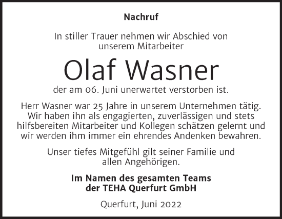 Traueranzeige von Olaf Wasner von Mitteldeutsche Zeitung Merseburg/Querfurt