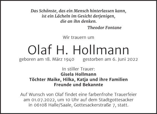 Traueranzeige von Olaf H. Hollmann von Mitteldeutsche Zeitung Halle/Saalkreis