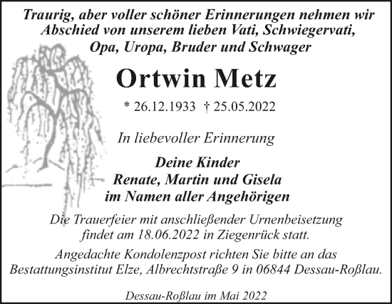 Traueranzeige von Ortwin Metz von Trauerkombi Merseburg