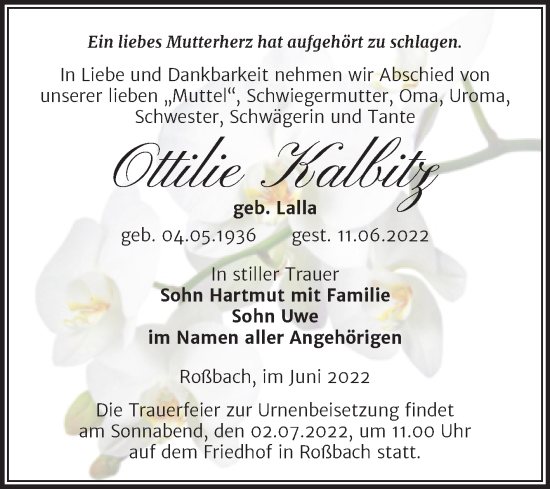 Traueranzeige von Ottilie Kalbitz von Trauerkombi Merseburg