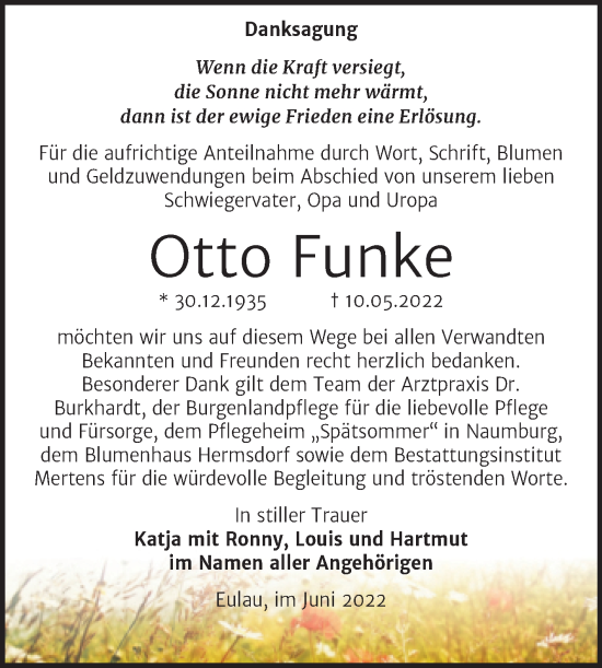 Traueranzeige von Otto Funke von Wochenspiegel Naumburg/Nebra