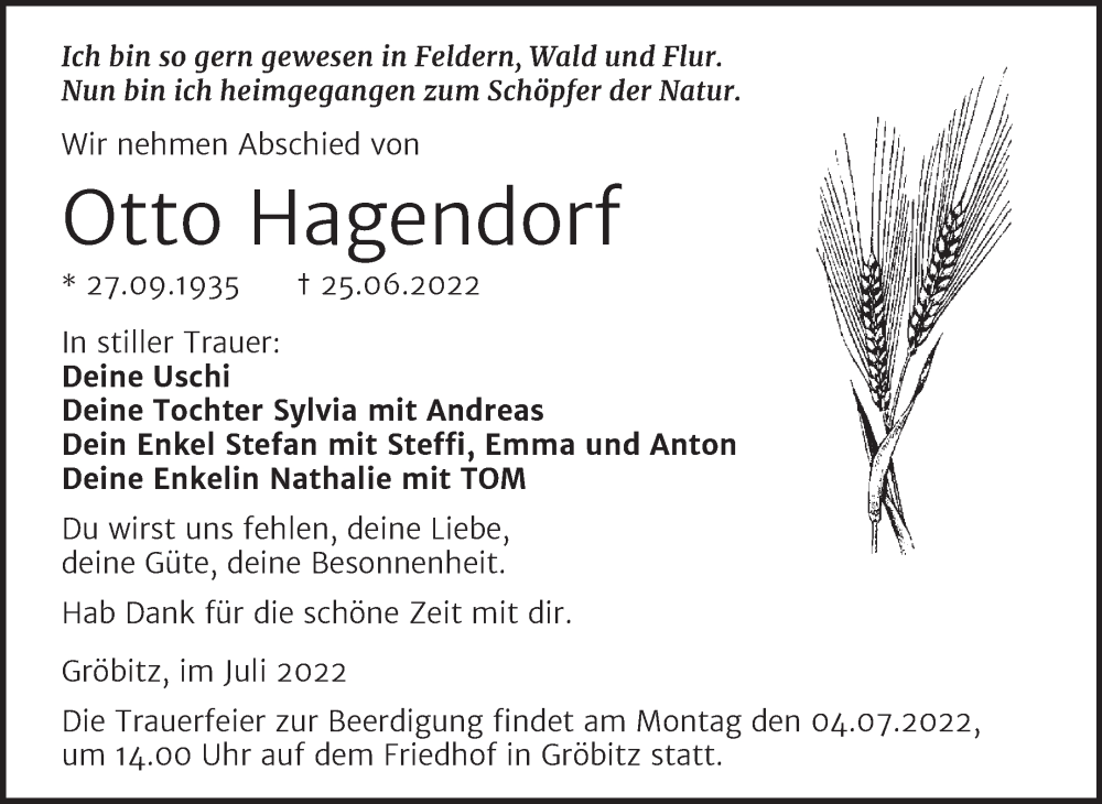  Traueranzeige für Otto Hagendorf vom 30.06.2022 aus Trauerkombi Weißenfels