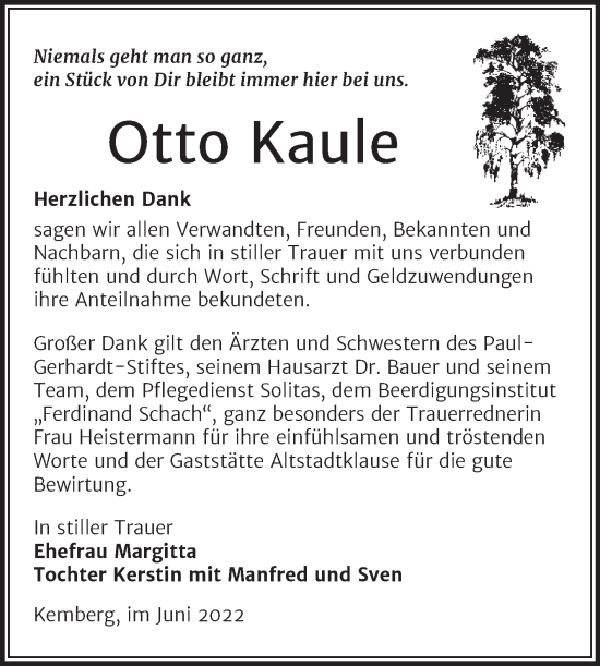 Traueranzeige von Otto Kaule von Trauerkombi Wittenberg