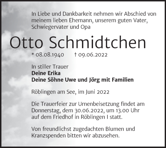 Traueranzeige von Otto Schmidtchen von Trauerkombi Mansfelder Land