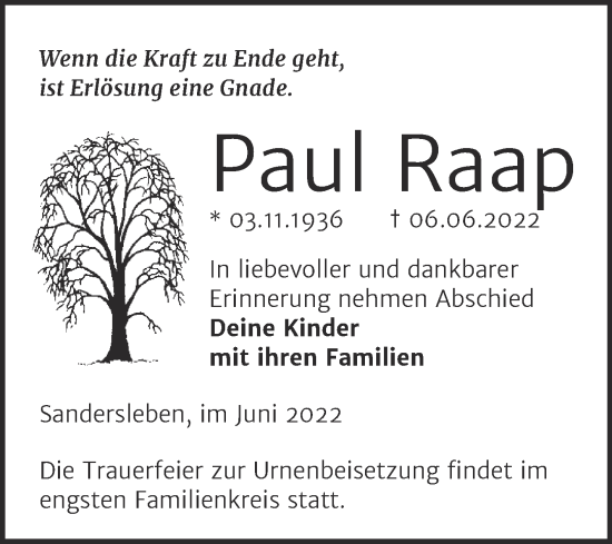Traueranzeige von Paul Raap von Trauerkombi Mansfelder Land