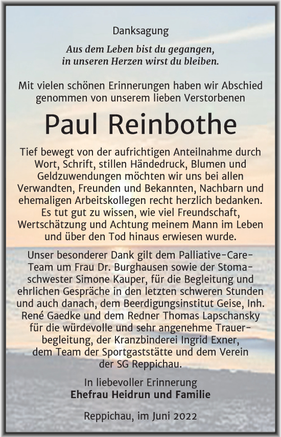 Traueranzeige von Paul Reinbothe von Trauerkombi Köthen