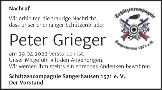 Traueranzeige von Peter Grieger von Super Sonntag Sangerhausen