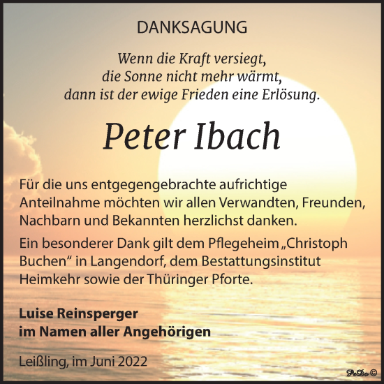 Traueranzeige von Peter Ibach von Trauerkombi Weißenfels