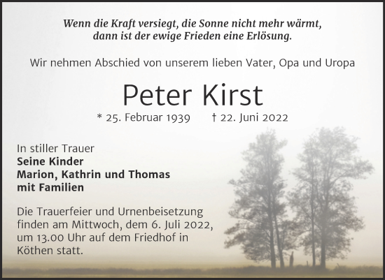 Traueranzeige von Peter Kirst von Trauerkombi Köthen