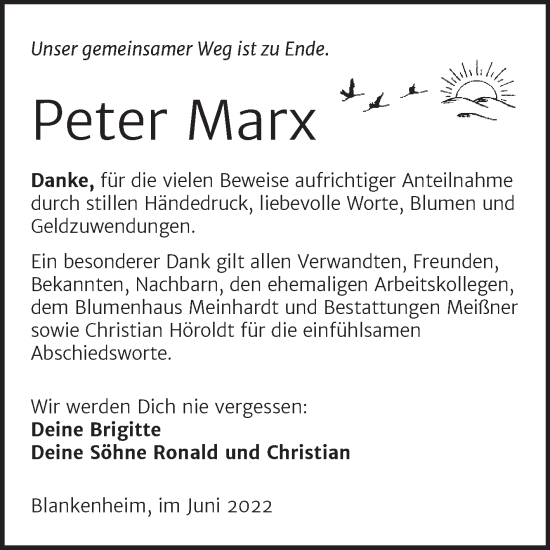 Traueranzeige von Peter Marx von Trauerkombi Sangerhausen