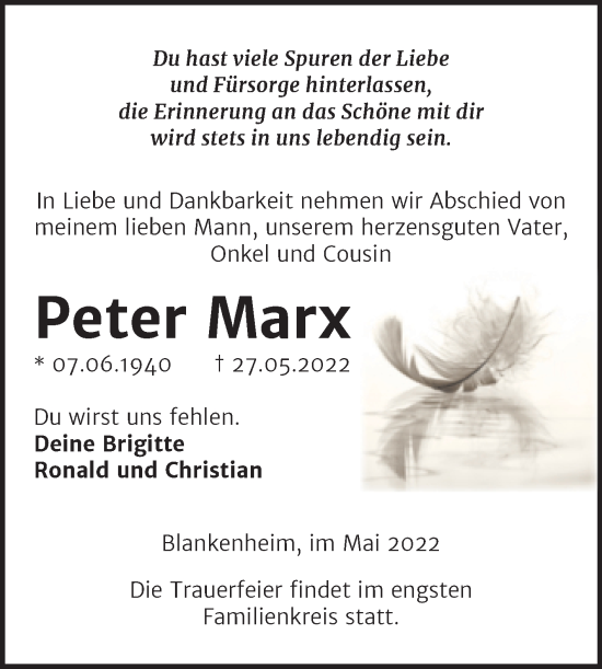 Traueranzeige von Peter Marx von Trauerkombi Sangerhausen