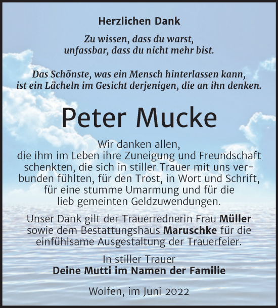 Traueranzeige von Peter Mucke von Trauerkombi Bitterfeld